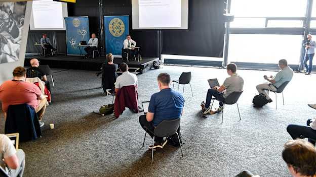 Journalists maintain social distancing guidelines during the GAA fixtures press conference at Croke Park in Dublin.