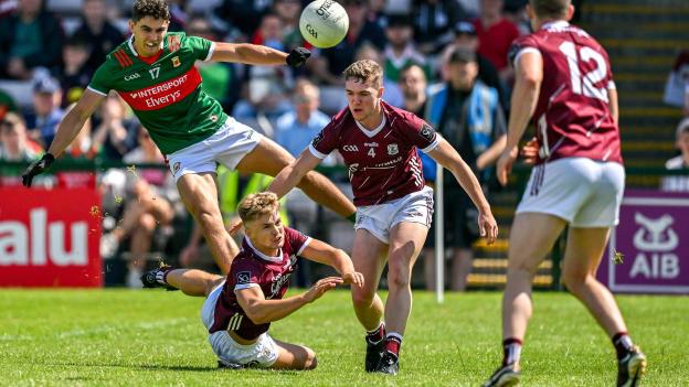 Galway's Cian Hernon and Jack Glynn, block a shot by Mayo's Tommy Conroy at Pearse Stadium. Photo by Brendan Moran/Sportsfile