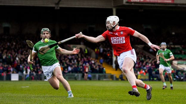 Patrick Horgan of Cork in action against Sean Finn of Limerick during the 2022 Allianz Hurling League Division 1 Group A match between Limerick and Cork at TUS Gaelic Grounds in Limerick. 