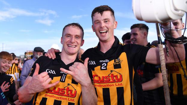Ballyea players Pearse Lillis, left, and Brandon O'Connell celebrate after their side's victory in the Clare County Senior Club Hurling Championship Final match between Ballyea and Éire Óg Ennis at Cusack Park in Ennis, Clare.