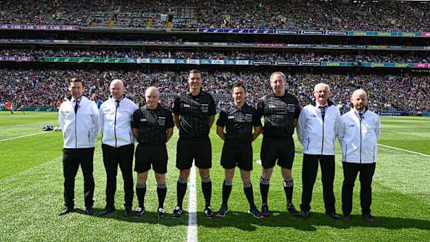 Referee Sean Hurson with his umpires Martin Coney, Mel Taggart, Cathal Forbes and Martin Conway, and his officials Seán Laverty, sideline official, linesmen Paddy Neilan and Barry Cassidy before the GAA Football All-Ireland Senior Championship Final match between Kerry and Galway at Croke Park in Dublin.