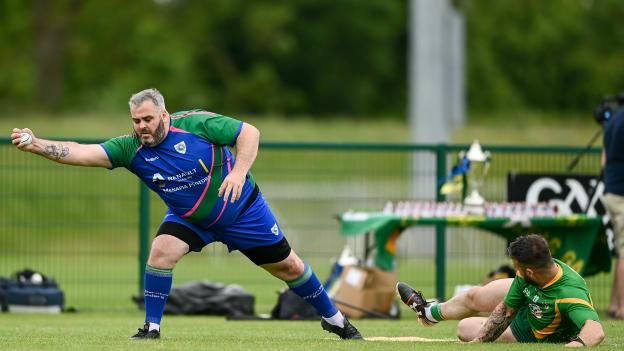 Adam Doyle of Glynn Barntown runs out Justin Burns of Carrickmacross during the 2020 Men’s Senior Rounders Final match between Carrickmacross and Glynn Barntown at the GAA centre of Excellence in Abbotstown, Dublin.