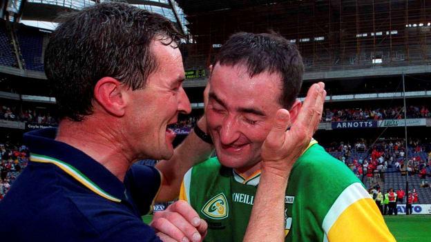 Offaly manager Pat Fleury celebrates with full-back Kevin Kinahan after the county's victory over Cork in the 2000 All-Ireland semi-final. 