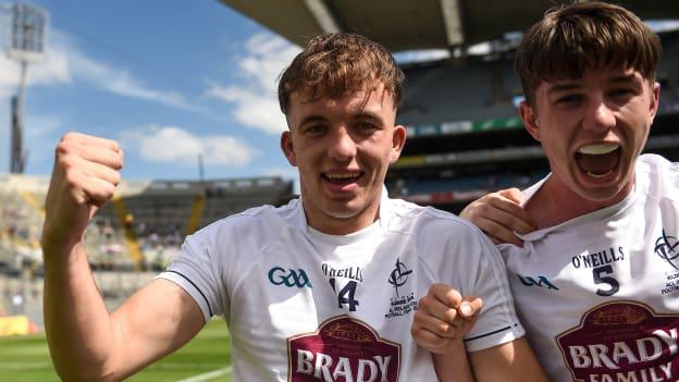 Brian McLoughlin, left, and Darragh Ryan of Kildare celebrate after the 2018 EirGrid GAA Football All-Ireland U20 Championship final match between Mayo and Kildare at Croke Park in Dublin. 