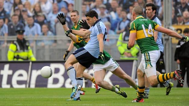 Bernard Brogan landing a glorious late score in the 2011 All Ireland SFC win over Kerry at Croke Park.