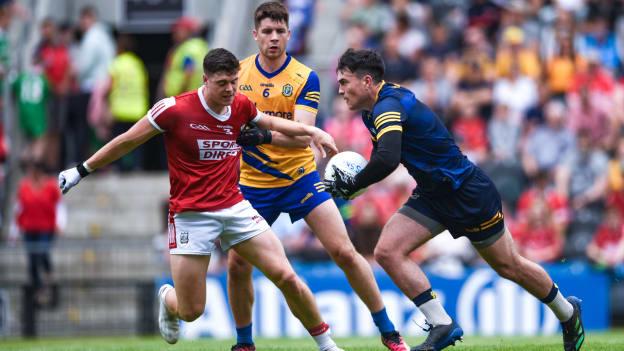 Conor Carroll, Roscommon, and Rory Maguire, Cork, in All-Ireland SFC action at Páirc Uí Chaoimh. Photo by Tom Beary/Sportsfile