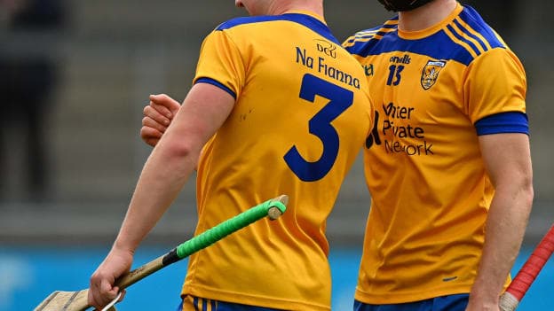 Colin Currie of Na Fianna, right, with team-mate Kevin Burke after the 2021 Go Ahead Dublin County Senior Club Hurling Championship quarter-final match between Na Fianna and St Jude's at Parnell Park in Dublin.