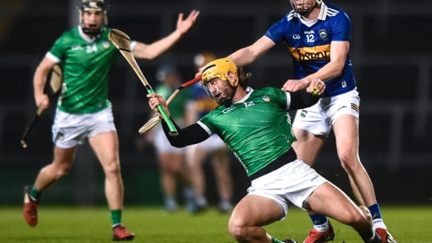 Tom Morrissey of Limerick in action against Gearóid O'Connor of Tipperary during the Allianz Hurling League Division 1 Semi-Final match between Limerick and Tipperary at TUS Gaelic Grounds in Limerick. Photo by John Sheridan/Sportsfile