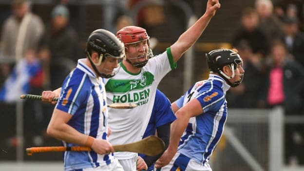 Adrian celebrates after scoring a goal for Ballyhale Shamrocks at Netwatch Cullen Park.