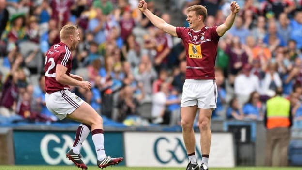 Westmeath's Denis Glennon (l) and John Heslin (r) react to the final whistle in the 2015 Leinster SFC semi-final. 