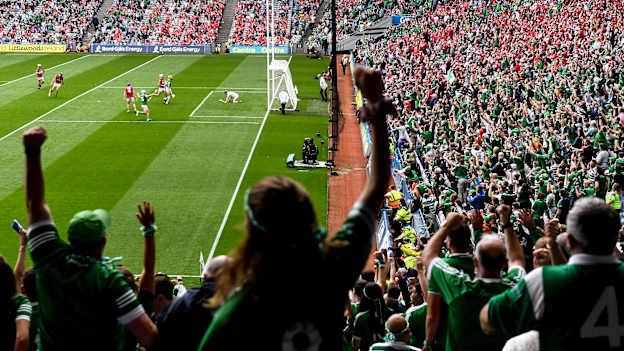 Limerick supporters celebrate their third goal during the 2021 GAA Hurling All-Ireland Senior Championship Final match between Cork and Limerick in Croke Park, Dublin. 
