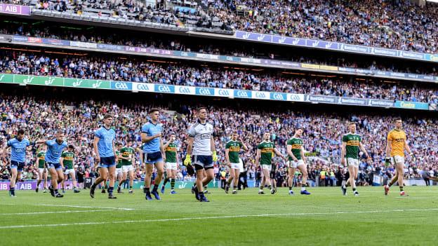 The Dublin and Kerry teams parade around Croke Park before the 2019 All-Ireland SFC Final replay. 