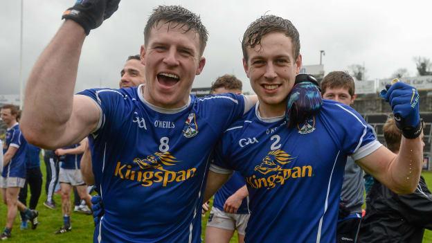 Cavan team-mates Tomás Corr and Padraig Faulkner celebrate promotion