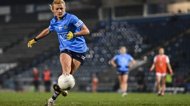 Carla Rowe of Dublin scores her side's third goal, from a penalty, during the TG4 All-Ireland Senior Ladies Football Championship Semi-Final match between Armagh and Dublin at Kingspan Breffni in Cavan.