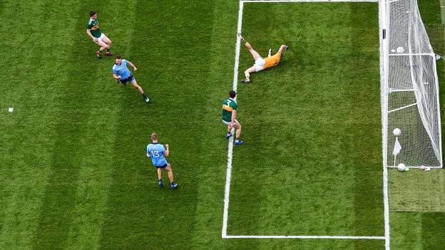 Jack McCaffrey of Dublin celebrates after scoring his side's goal past Kerry goalkeeper Shane Ryan during the drawn 2019 GAA Football All-Ireland Senior Championship Final.