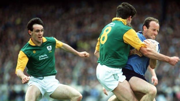 Tommy Carr, Dublin in action against Liam Hayes (8) and David Beggy, Meath, Dublin v Meath, Leinster Football Championship 1st round, 3rd replay. 