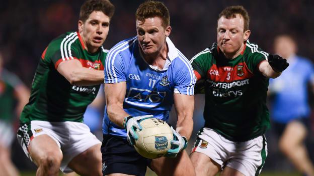 Lee Keegan and Colm Boyle, Mayo, surround Dublin attacker Ciaran Kilkenny at Elverys MacHale Park.