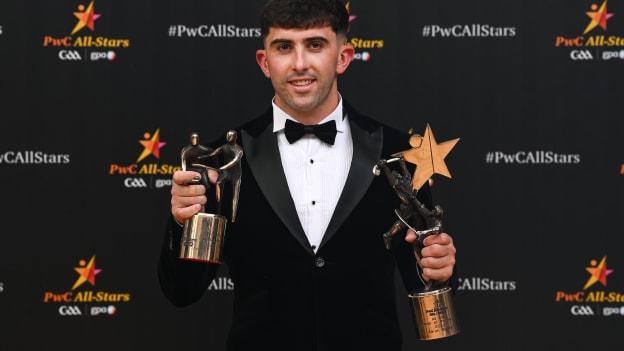 Aaron Gillane of Limerick with his PwC GAA/GPA Hurler of the Year Award and PwC GAA/GPA All-Star Award during the 2023 PwC GAA/GPA All-Star Awards at the RDS. Photo by David Fitzgerald/Sportsfile