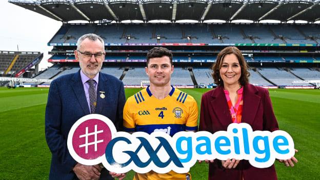Clare hurler Paul Flanagan with Uachtarán Chumann Lúthchleas Gael, Larry McCarthy, and Cathaoirleach Choiste Náisiúnta Gaeilge CLG, Gráinne McElwain, as he was appointed as GAA’s Ambasadóir na Gaeilge for 2023 at Croke Park in Dublin yesterday