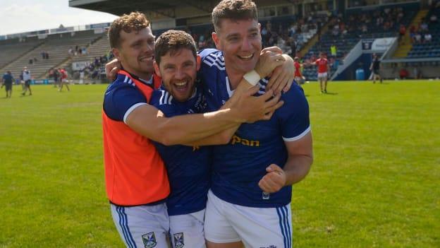 Shane Briody (right) celebrates his county's last-ditch victory over Louth in the semi-final of the Lory Meaghar Cup. 