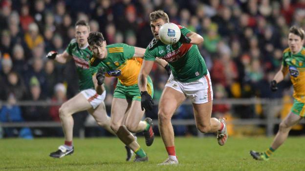 Aidan O'Shea, Mayo, and Michael Langan, Donegal, in Allianz Football League Division One action in Ballybofey.