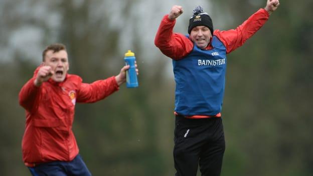 IT Carlow manager DJ Carey celebrates a goal at Dangan.