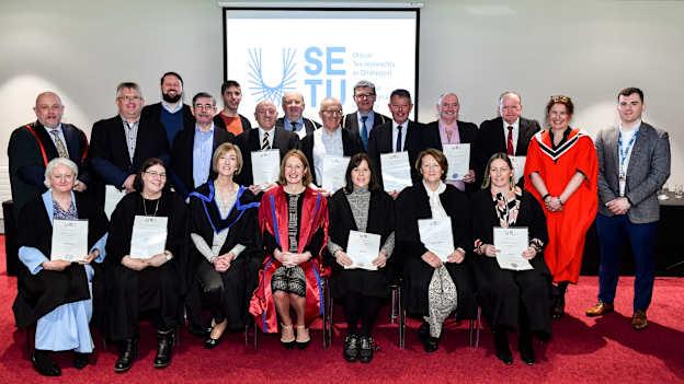Pictured at South East Technological University’s first conferring ceremony in Croke Park were GAA, LGFA and Camogie Association graduates of the Certificate in Facilitation, Mentoring and Development and the Certificate in Event Controlling with Prof Veronica Campbell, President of SETU, Tom Ryan, Director General of the GAA, Paddy Flood, Chairperson GAA Club Officer Development, David Denieffe, Vice-President for Academic Affairs at SETU, Anne Meaney, Head of Extended Campus at SETU, Dr Gina Noonan, Head of Teaching and Learning at SETU's Carlow campus, and Jack McCarney from the Organisational Development Unit in Croke Park.

