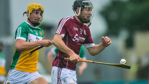 Padraic Mannion, Galway, and Paddy Murphy, Offaly, during the 2016 Leinster SHC clash at O Moore Park, Portlaoise.