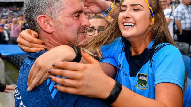 Tipperary manager Liam Sheedy celebrates with daughter Aisling following his side's victory during the GAA Hurling All-Ireland Senior Championship Semi Final match between Wexford and Tipperary at Croke Park in Dublin. 