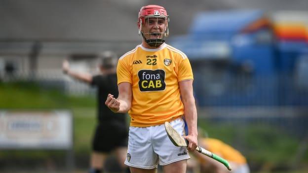 Antrim's Eoin O'Neill celebrates at Corrigan Park.