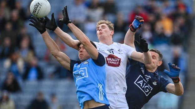 Daniel Flynn gets sandwiched between David Byrne and Stephen Cluxton during the Leinster SFC semi-final at Croke Park today. 