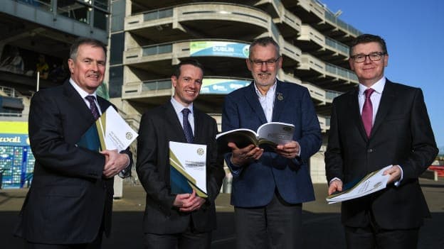 Attendees, from left, GAA commercial director & Croke Park stadium director Peter McKenna, GAA director of finance Ger Mulryan, Uachtarán Chumann Lúthchleas Gael Larry McCarthy and Ard Stiúrthóir of the GAA Tom Ryan at the GAA/Croke Park financial reports and director general’s annual report media briefing at the GAA Museum in Croke Park, Dublin.