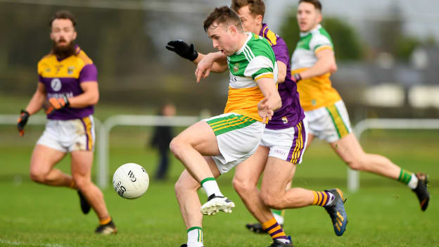 Cian Johnson nets a goal for Offaly against Wexford in the O'Byrne Cup.