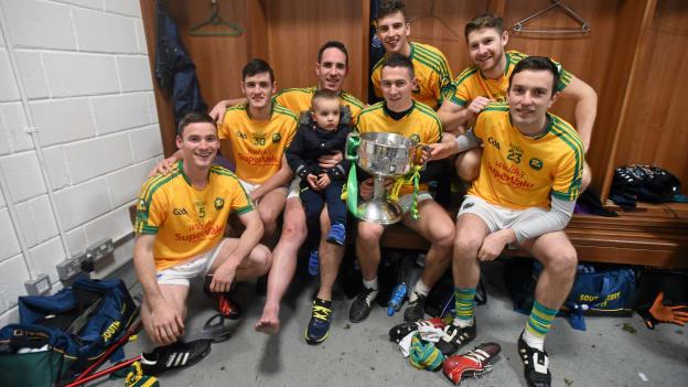 Dromid Pearses players Padraig Ó Suilleabháin, Graham O’Sullivan, Declan O'Sullivan with his son Ollie, Chris Farley, Dylan O'Donoghue, Aidan Shine O'Sullivan and Dominic O'Sullivan following South Kerry's victory in the 2015 Kerry SFC.