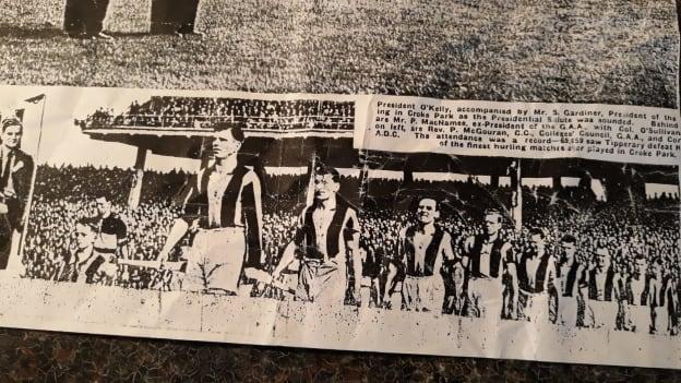 A seven-year-old Paddy Leahy is pictured marching beside Kilkenny team captain, Peter Blanchfield, before the 1945 All-Ireland SHC Final. 