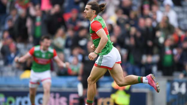 Oisín Mullin wheels away in celebration and relief after his goal dragged Mayo back into tonight's game. 