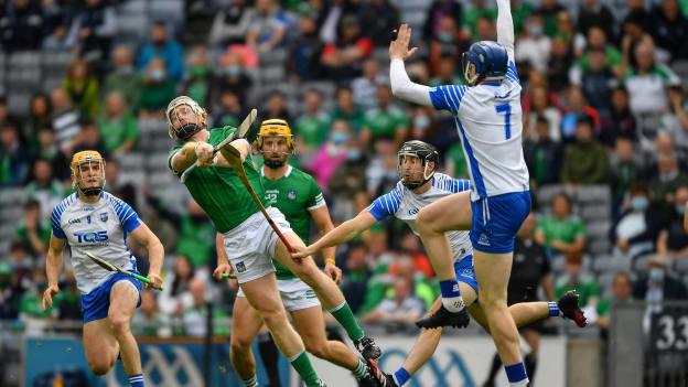 Cian Lynch of Limerick scores a point after 53 seconds during the GAA Hurling All-Ireland Senior Championship semi-final match between Limerick and Waterford at Croke Park in Dublin. 