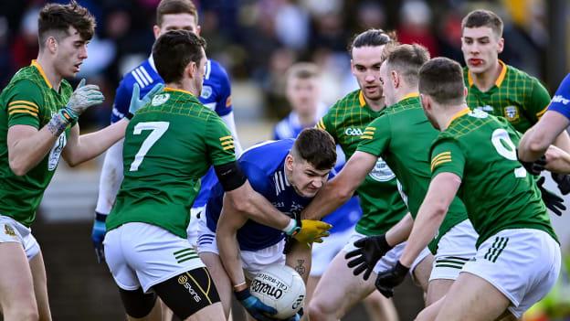Kevin Swayne of Laois is tackled by a host of Meath players at this afternoon's contest between the two Leinster counties at Páirc Tailteann in Navan.