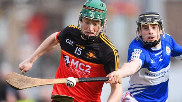 Jack Cahalane of CBC Cork in action against Cormac O'Brien of Midleton CBS during the Harty Cup Final match between CBC Cork and Midleton CBS at Páirc Uí Rinn in Cork.