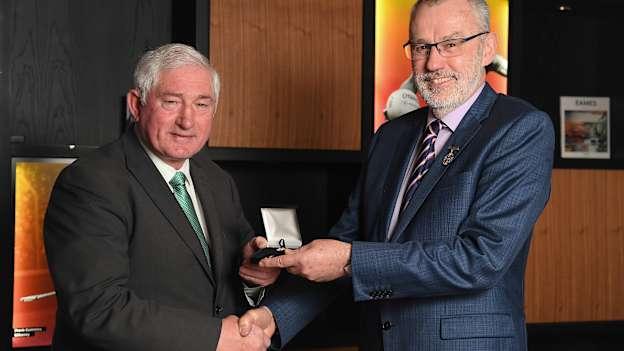 International Award winner, Brendie O'Brien, pictured with GAA President, Larry McCarthy. 