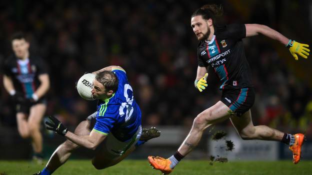 Stephen O'Brien, Kerry, and Padraig O'Hora, Mayo, in Allianz Football League action.