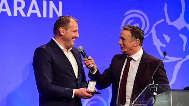 MC Mícheál Ó Domhnaill interviews Pat Gorham of Orang Éire GAA, Malaysia, who won the International Award, during the GAA President’s Awards at Croke Park in Dublin. 