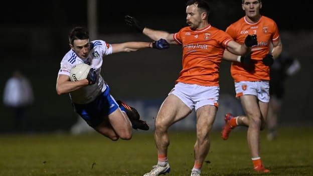 Shane Carey, Monaghan, and Ross Finn, Armagh, in Allianz Football League Division One action.