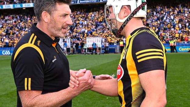 Kilkenny manager Derek Lyng celebrates with Pádraig Walsh after their side's victory in the GAA Hurling All-Ireland Senior Championship semi-final match between Kilkenny and Clare at Croke Park in Dublin. Photo by Piaras Ó Mídheach/Sportsfile