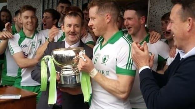 Sean McCormack accepts the cup for Killoe after victory over Longford Slashers in the Longford SFC Final. 