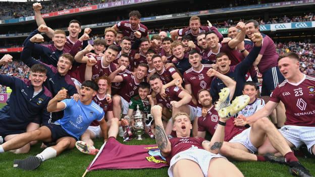Westmeath players celebrate their 2022 Tailteann Cup Final victory over Cavan.