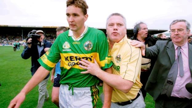 Kerry manager Páidí Ó Sé congratulates Maurice Fitzgerald after the 2001 Bank of Ireland All-Ireland Senior Football Championship Quarter-Final Replay match between Dublin and Kerry at Semple Stadium in Thurles, Tipperary. Photo by Damien Eagers/Sportsfile