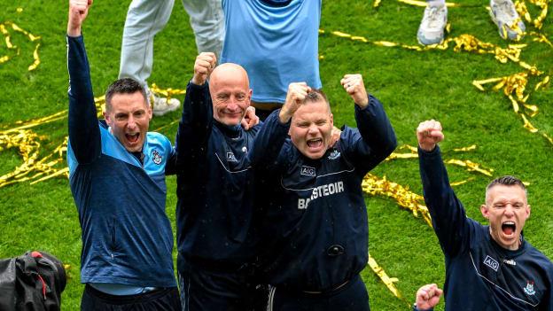 The Dublin management team of, left to right, Brian O'Regan, Mick Galvin, Dessie Farrell, and Darren Daly celebrate as James McCarthy lifts the Sam Maguire cup after the GAA Football All-Ireland Senior Championship final match between Dublin and Kerry at Croke Park in Dublin. Photo by Daire Brennan/Sportsfile.