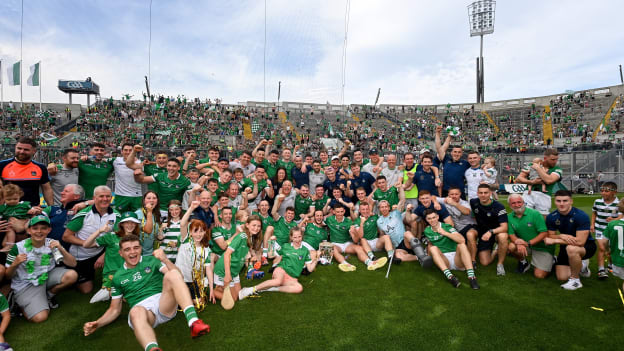 Limerick players and backroom team celebrate following the 2022 All-Ireland SHC Final win over Kilkenny at Croke Park. Photo by Ramsey Cardy/Sportsfile