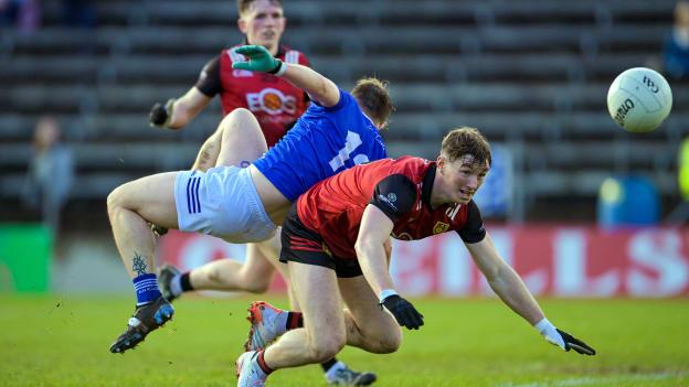 Ryan McEvoy of Down in action against Jonathan McCabe of Cavan during the Allianz Football League Division 3 match at Kingspan Breffni.